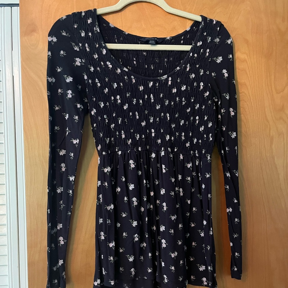 American Eagle Black Floral Babydoll Long-Sleeve